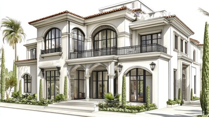 Fototapeta premium High-end townhouses with a mix of modern and traditional designs, featuring rooftop patios, elegant facades.