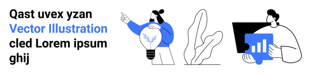 Woman holding a light bulb gesturing toward ideas, man analyzing a graph on a laptop. Ideal for teamwork, innovation, creativity, analysis, brainstorming, strategy, simple landing page