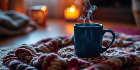 Blue mug steaming on a cozy rug, warm light glows nearby, mug, image