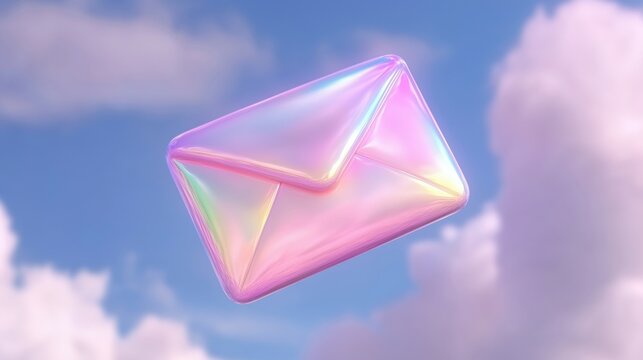 A shiny, iridescent envelope floating against a blue sky with fluffy clouds. - Powered by Adobe