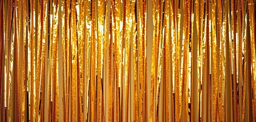 Close-up of shimmering gold foil curtain backdrop with tiny lights, christmas, background