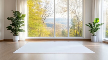 Empty room with large window, autumn view