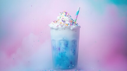 A vibrant milkshake topped with whipped cream and colorful sprinkles in a clear cup.