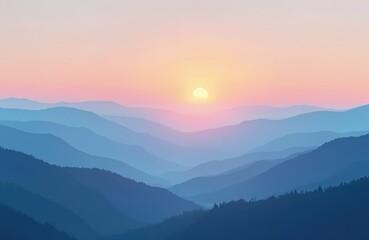 Sunrise over layered mountain range with blue, pink hues. Peaceful, tranquil natural landscape scenery. Dawn, daybreak, morning time. Serene view, quiet colors, gradient spectrum. Soft sunlight