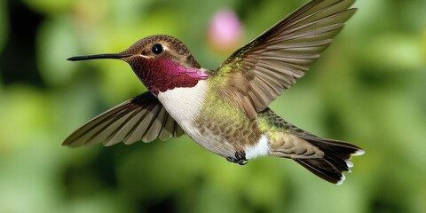 Naklejka premium Male Anna's Hummingbird in Mid-Flight, Sipping Nectar from Vibrant Flower in Santa Cruz, California