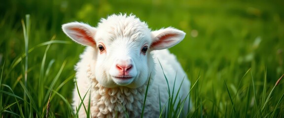 Obraz premium Close-up of a fluffy white lamb in a green pasture, herbivore, wool
