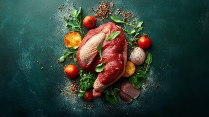 Raw Beef and Chicken with Herbs and Spices on Dark Green Background
