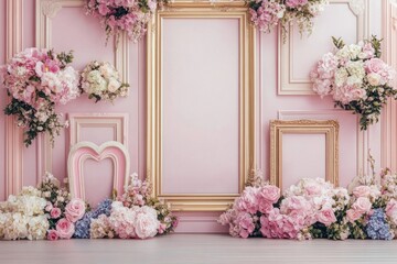 Fototapeta premium A Decorative Pink Wall Display with Flowers and Decorative Frames