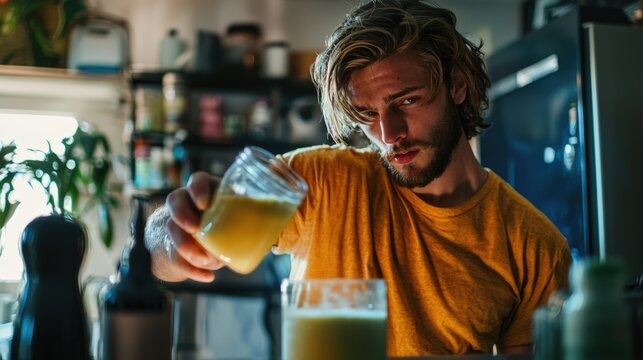 a man pouring a glass of juice in his kitchen. 