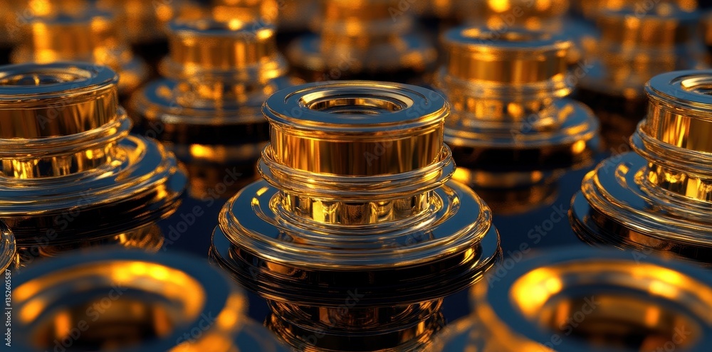 Poster Shiny golden objects are arranged in a repeating patterned background display