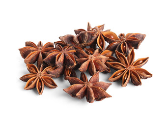 Many anise stars on white background