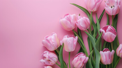 Fototapeta premium Easter background with pastel-colored decorated eggs and vibrant spring flowers arranged around the edges on a light blue surface leaving space in the center for text or design elements, Generative AI