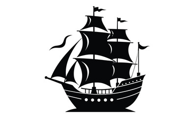 Pirate ship silhouette with sails on water