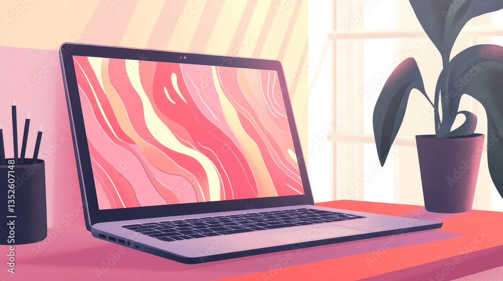 Poster laptop on desk with abstract liquid flow fluid background on screen. multimedia gaming laptop vector