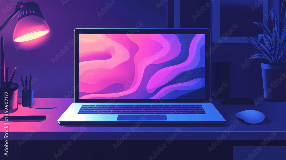 Poster laptop on desk with abstract liquid flow fluid background on screen. multimedia gaming laptop vector