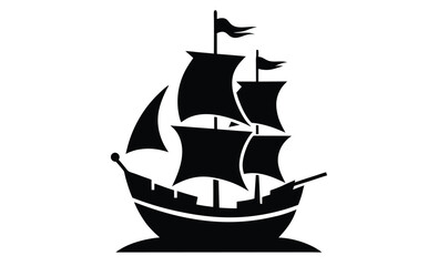 Pirate ship silhouette with sails on water