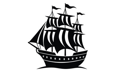 Pirate ship silhouette with sails on water
