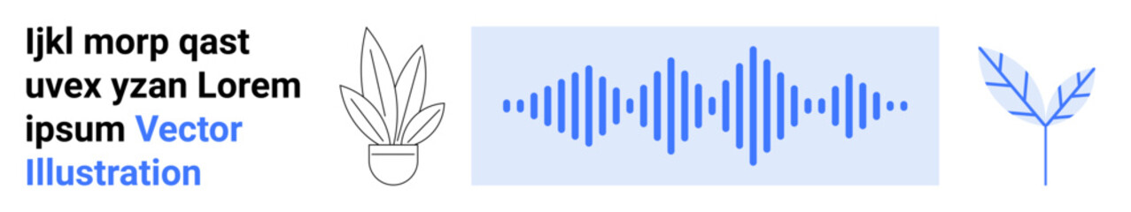 Abstract soundwave with blue tones paired with a potted plant, textual placeholder, and minimalist branch sketch. Ideal for sound design, technology, nature-tech balance, communication, minimalism