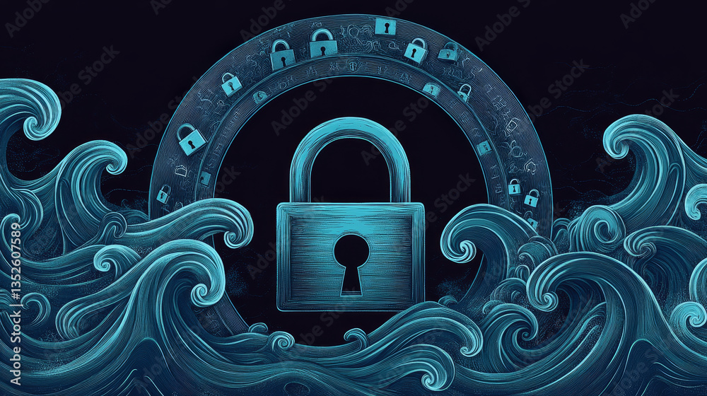 Poster cybersecurity big data. the dominant circular interconnected polygon in the center, within which the
