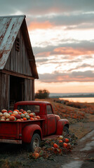 Vintage red pickup truck by a dusty barn, its bed filled with watermelons, a calm lake reflecting the late-summer sunset, radiating timeless country charm. Generative AI