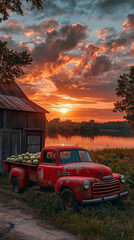 Vintage red pickup truck by a dusty barn, its bed filled with watermelons, a calm lake reflecting the late-summer sunset, radiating timeless country charm. Generative AI