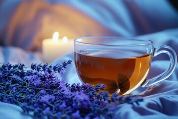 Fototapeta premium Tranquil Herbal Tea and Lavender for Restful Nights: Bedtime Relaxation Concept