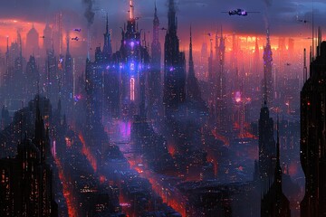 Fototapeta premium A vibrant futuristic cityscape at dusk, featuring towering skyscrapers with neon lights, flying vehicles, and a smoky atmosphere, creating a sense of advanced technology and urban life