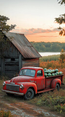 Vintage red pickup truck by a dusty barn, its bed filled with watermelons, a calm lake reflecting the late-summer sunset, radiating timeless country charm. Generative AI