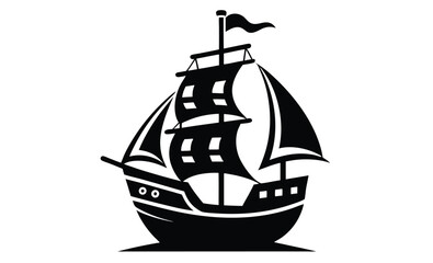 Pirate ship silhouette with sails on water