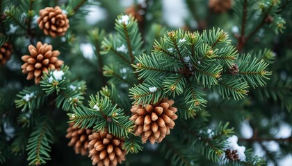 Deep green Christmas tree branches with brown pine cones, natural winter textures, image, detail