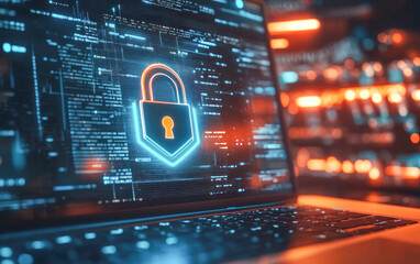 Lock symbol and digital network background on laptop screen. Concept of data protection and internet security