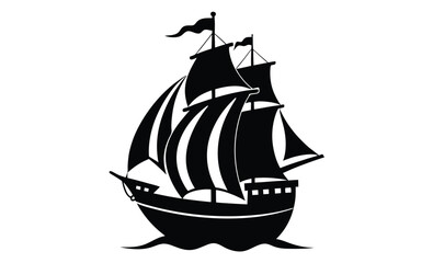 Pirate ship silhouette with sails on water