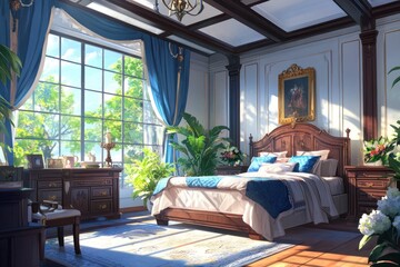 Fototapeta premium A beautifully decorated bedroom with a large window and green views