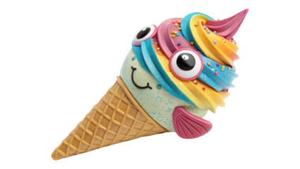 Delightful summer treat featuring whimsical ice cream cone shaped like fish with colorful swirls and playful eyes