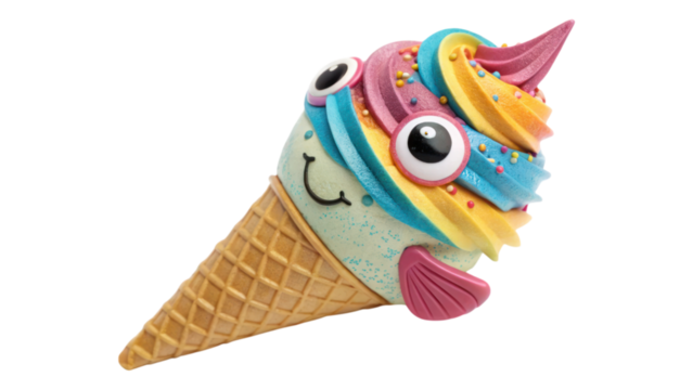 Delightful summer treat featuring whimsical ice cream cone shaped like fish with colorful swirls and playful eyes