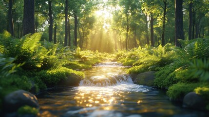 Obraz premium Sunlit Forest Stream: A Serene Escape into Nature's Embrace