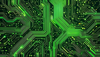 Circuit board with green lines and dots on it.