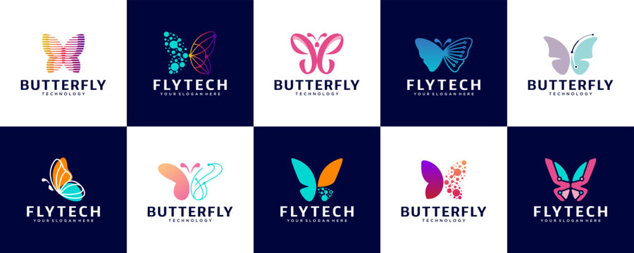 collection of technology logos with abstract butterfly shapes, symbol of beauty, digital services, graphic vector illustration.