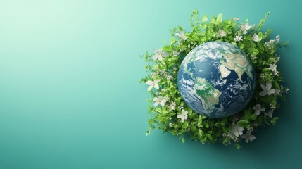 The Earth with a spring background, in a blue and green color tone, representing the World Environment Day concept.