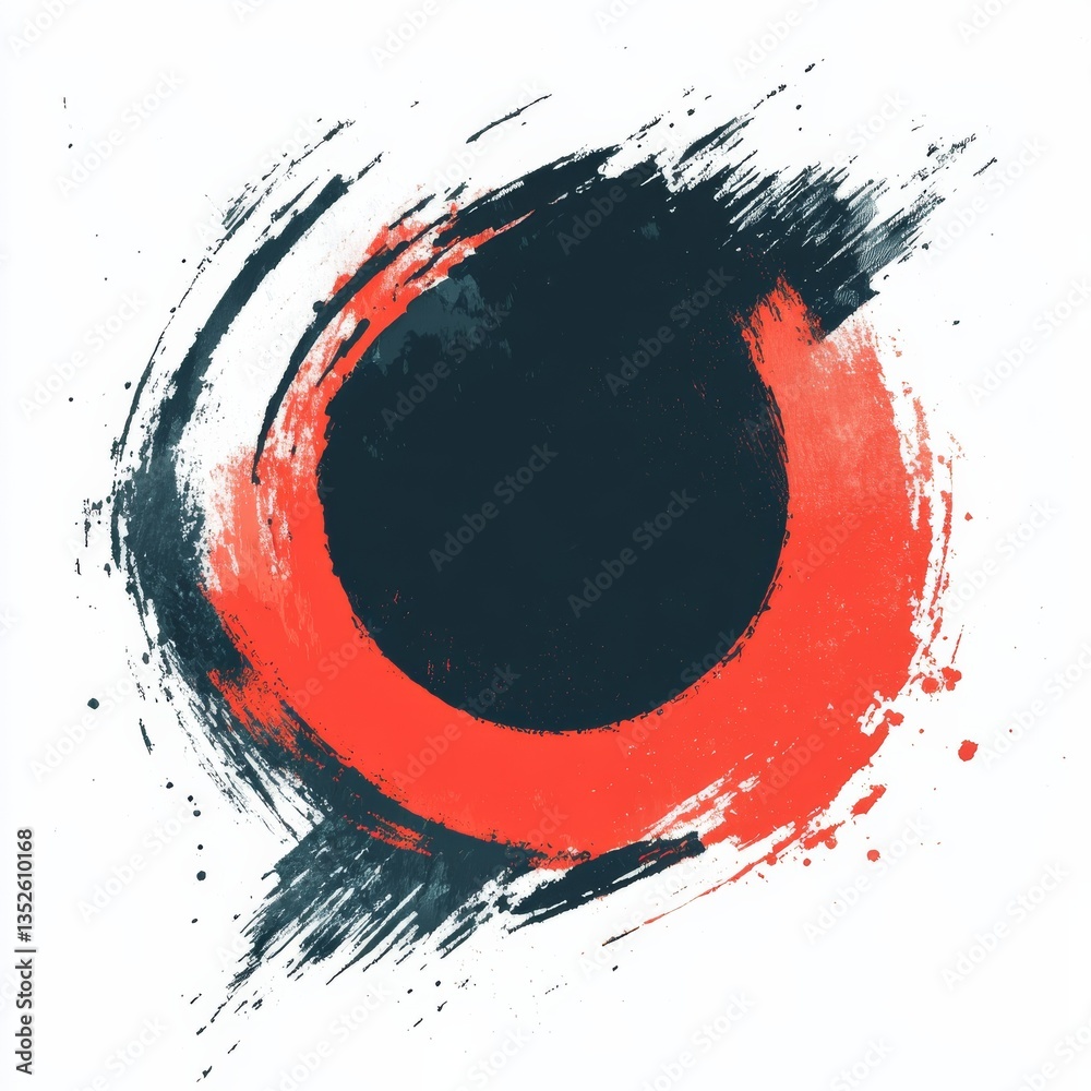 Poster Abstract Circular Composition: A Dynamic Blend of Crimson Red and Dark Navy Ink Strokes on a White Canvas 