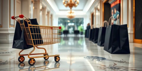 Elegant golden shopping cart with upscale black shopping bags on marble floor, sophisticated, premium