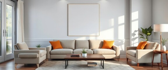 Elegant living room with plush sofa, large mock-up poster on wall, natural light, poster, contemporary