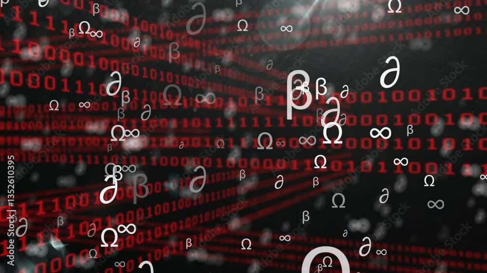Poster animation of greek letters intertwining with binary code in digital school concept