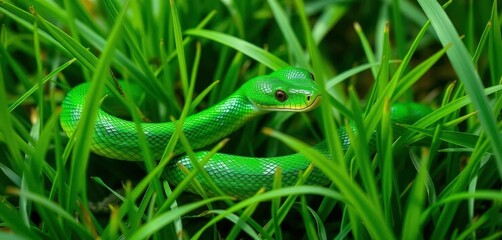 Obraz premium Emerald green snake camouflaged in lush green grass, detail, close-up