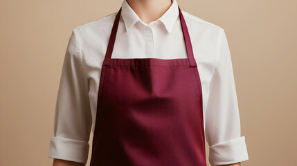 Empty burgundy apron on a female person wearing a white shirt against a beige background, copy space