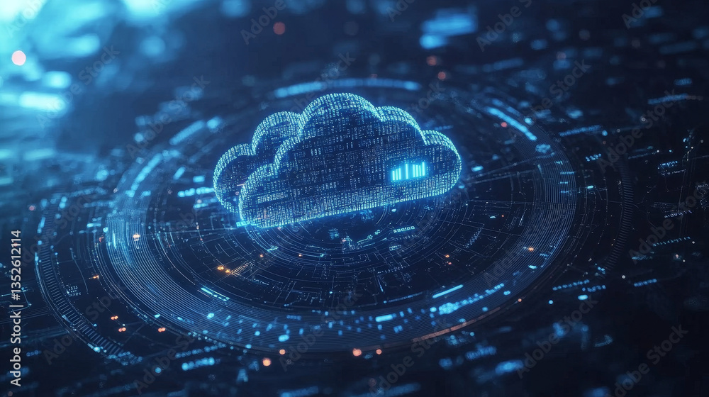 Poster cloud and edge computing technology concepts with cybersecurity protection. there is a large cloud i