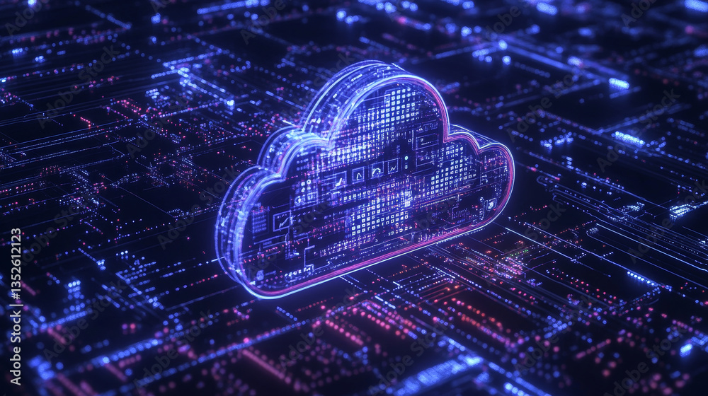 Poster cloud and edge computing technology concepts with cybersecurity protection. there is a large cloud i