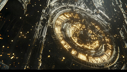 Intricate clock mechanism with golden gears and glowing particles in a mystical, ancient setting