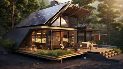 A photo of an off-grid cabin with sustainable environment