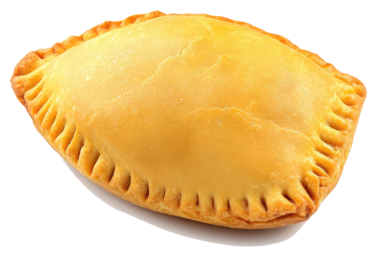 Freshly baked golden pastry with decorative crimped edges is shown